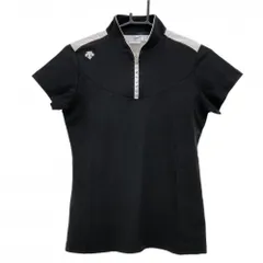 ★値下げ★【超美品】デサントゴルフ 半袖ハイネックシャツ 黒×白 ハーフジップ ファスナー部ロゴ レディース M ゴルフウェア DESCENTE