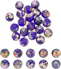 UNICRAFTALE ガラスビーズ グラスビーズ トンボ玉 花柄 和風ビーズ 桜柄 透明感 カラフル 丸玉ビーズ ラウンドビーズ とんぼ玉 ハンドメイドパーツ ブレスレット用 DIY用 手芸材料 手作り素材( ブルー-20個,  14mm)