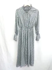 ◇ ⊂ ◎ one after another NICE CLAUP 総柄 長袖 ロング丈 ワンピース サイズF グリーン ネイビー レディース E  【1412260016520】