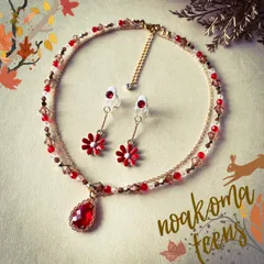 ❤️SALE❤️  noakoma teens＊ Autumn color - red キッズイヤリング + W キッズ ネックレス セット ＊ キッズアクセサリー 女の子 プレゼント 秋 レッド 赤  ティーンズ