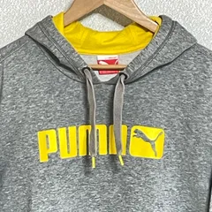 (^w^)b PUMA プーマ スエット スウェット パーカー プルオーバー フーディー トレーナー フード ロゴ プリント 刺繍 グレー系 灰色系 イエロー系 ツーカラー カンガルーポケット カジュアル スポーツ トレーニング 運動 普段着 メンズ サイズM