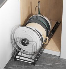 【新着商品】ブラック 42×17×21cm 引き出し収納 蓋置き まな板 鍋 フライパン 鍋スタンド 水切り 排水台付き キッチン収納ラック 大容量 12本仕切り フライパンラック Gevvnss