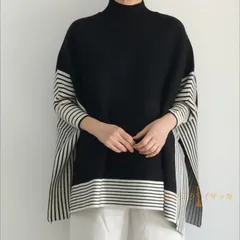 ニット ポンチョ マント カットソー ケープコート ポレロ タートルネック サイトスリット 切り替え ボーダー柄袖　レディース シンプル ゆったり 長袖 プルオーバー　 chaoliu240