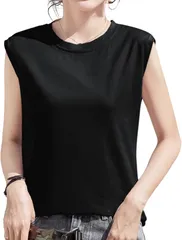 Fiorior さらっと快適な着心地 ノースリーブ レディース tシャツ 無地 タンクトップ 速乾 涼しい 袖なし ストレッチ ラウンドネック フレンチスリーブ 夏 トップス しわになりにくい(ブラック,  M)