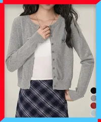 新品 ワンポイントカーディガン リボン刺しゅう ベーシック 春秋服 着やせニット 無地 ショート丈カーデ黒