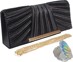 masamilk パーティバッグ 結婚式 2way 鏡付き ショルダーバッグ クラッチバッグ レディース(ブラック)