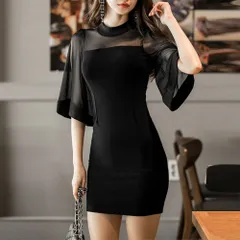 ワンピース レディース 春夏秋 5分袖 丸首 ミニ丈 フレア袖 ドレス ハイウエスト ポリエステル セクシー 透け感 異素材MIX シンプル 黒