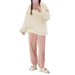 【人気商品】[GlamollaMisse] レディース ルームウェア セットアップ ふわふわ もこもこ パジャマ 丸首 あったか フランネル 可愛い ケーブル柄 女性用 ホームウエア 上下セット 部屋着 室内着 長袖パジャマ 大人 防寒 保温 秋 冬 軽量