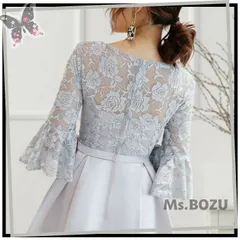 【新品】【光沢が美しいサテン生地＆薔薇モチーフのレースフレア袖がお呼ばれにぴったりのワンピースドレス♡】 結婚式 演奏会 発表会 二次会 舞台衣装 パーティードレス ワンピース フォーマル オケージョン 個性的 ミモレ丈 グレー M