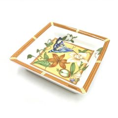 HERMES エルメス シエスタ アッシュトレイ フラワーミニトレイ スクエア型 小物入れ 灰皿 陶器 ホワイト×オレンジ 箱付き