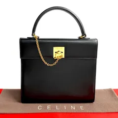 極 美品 CELINE セリーヌ ヴィンテージ ロゴ リング金具 カーフ レザー 本革 ハンドバッグ ミニ トートバッグ ブラック 黒 f40-2