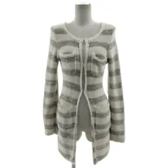 グラマラスガーデン Glamorous Garden カーディガン ニット トッパーカーディガン 長袖 ロング丈 フリンジ スパンコール コットン混 ボーダー アイボリー グレー M