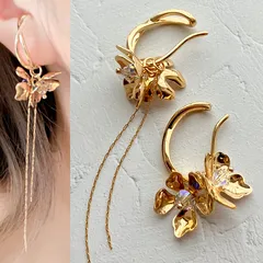 No.212 [4way]両耳用:パーツの組み合わせが自由な華やかイヤーカフ/イヤリング【ノンホールピアス アクセサリー クリスタル オーロラ ABカラー クリア 透明 キラキラ ゴールド 花 フラワー 花びら ロング チェーン 綺麗】