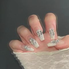 35))ネイルチップ 乳白色ネイル フレンチガーリー ホログラム ストーン 35))ネイルチップ 乳白色ネイル フレンチガーリー ホログラム ストーン