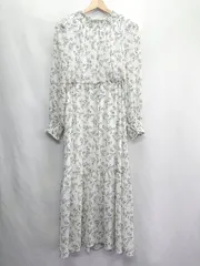 ◇ ⊇ JUNOAH ジュノア 花柄 ギャザー加工 長袖 ロング丈 ワンピース サイズM オフホワイト ブルー系 レディース E  【1410100050543】