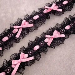 【輸入レース】リボン付きフリルレース　ピンク/ブラック