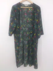 ◇ GLOBAL WORK 花柄 サイドスリット 長袖 ガウンカーディガン サイズL ブラック イエロー系 マルチ レディース E  【1304050014901】