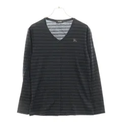 BURBERRY BLACK LABEL (バーバリー ブラックレーベル) ロゴ刺繍 Vネック ボーダー 長袖 カットソー Tシャツ ブラック