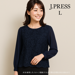 AB0449 J.PRESS ネイビー レースブラウス 長袖 Lサイズ フォーマルにも最適 上品トップス 春 秋