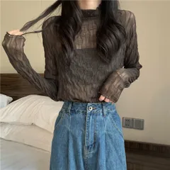 ☆ ブラウン ☆ カットソー シースルー カットソー レディース 長袖 シャツ 薄手 メッシュ レース シアー タートルネック フリルネック ハイネック 重ね着 レイヤード エレガント 透け カジュアル きれいめ 上品 かわいい トップス