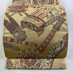 【美品】 袋帯 秀品 振袖向き 楽器 花鳥 金糸 箔 金色 六通 正絹 【中古】