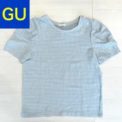最終値下【GU】タックスリーブ Tシャツ ギンガム ライトブルー (半袖)【Mサイズ】[E-044]