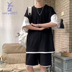 【送料無料】上下セット セットアップ メンズ 半袖 スウェット 薄手 ハーフパンツ フェイクレイヤード ルームウェア 部屋着 カジュアル ゆ【お買い得】