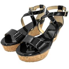 ジミーチュウ サンダル レディース PORTIA70 ウエッジソール クロスストラップ 靴 シューズ JIMMY CHOO パテントレザー  コルク   ブラック 黒 ゴールド金具 春 夏 美品【中古品】