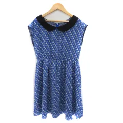 ボンメルスリー BON MERCERIE ノースリーブワンピース ミニ丈 ラウンドネック 総柄 青 ブルー /YK37