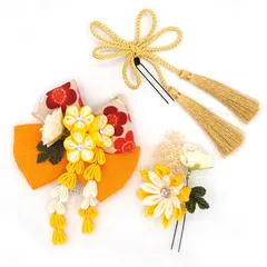 髪飾り ３点セット 黄色 つまみ細工 リボン ドライフラワー 成人式 花 和風 浴衣 着物 振袖 袴 ドレス 七五三 子供 結婚式 卒業式 入学式 ヘアコーム ヘアアクセサリー 髪留め 日本製 送料無料 イエロー W78 324-280 u907　Si