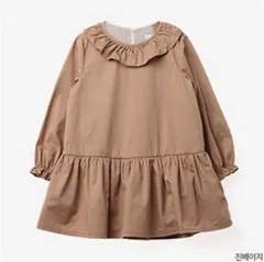 韓国子供服 フリルネックデザインブラウスワンピース 長袖 フレア ガールズ 女の子 キッズ ベビー 秋冬 ブラウン