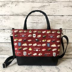 ★セール品(現品限り) 2WAY猫柄ミニトートバッグ 寿司ネコ ワインレッド&ブラック ハンドメイド メンズ レディース ハンドバッグ ショルダーバッグ
