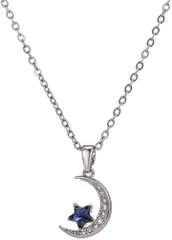 AREUM ネックレス 星 月 ステンレスチェーン きらきら ブルーストーン アジャスターチェーン付き 上品 細め ワンポイント(シルバー,  細)