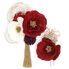 髪飾り 成人式 赤 水引 ゴールド 振袖 前撮り 袴 花 白 房 カスミソウ ビーズ 大きい 小さい 2点セット 着物 和装 かんざし キ No.12-1121