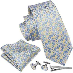 ネクタイ 4点セット ポケットチーフ カフスボタン タイピン レギュラータイ 小柄 花柄