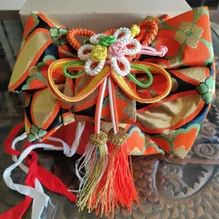 ㉖ 七五三 結び帯  3〜5歳用 黒 オレンジ 金色 作り帯 レトロ 【美品】S264