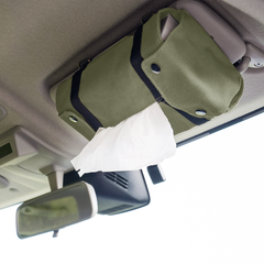 [Jimania] 車用 ティッシュケース 箱ごと入る ティッシュボックス ( ジムニー 専用設計の３WAY ) 『 サンバイザー / 助手席前(横・縦) / ヘッドレスト で使用可能！ 』 (帆布製/吊り下げ可) カーキ：ミニ