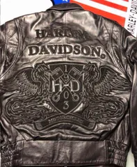 ⭐️「夏休み」も終わり‼️もう直ぐ秋・冬‼️⭐️  ハーレーダビッドソン　★レアモデル！前面刺繍限定美品！ソフトレザー羊本革製ジャケット本革製ゴートスキン・ソフトグレインレザー・全面大型立体刺繍&両袖ロゴ立体刺繍のゴート・スキンの稀少な軽量ヴィンテージ・モデル