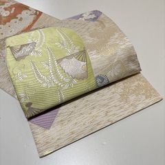 ★美品　袋帯　扇　植物　金　パステル　流水　正絹★　r1012