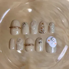 ネイルチップ クリスマス ベージュ 雪だるま オーダーチップ  ニュアンスネイル
