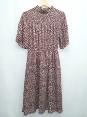 ◇ ⊂ SHEENA DEL RAY シーナデレイ 花柄 ハイネック 半袖 膝下丈 フレア ワンピース サイズM ボルドー レディース E  【1410230013975】