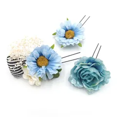 髪飾り 成人式 振袖 浴衣 袴 ３点セット 青 水色 リボン 結婚式 入学式 入園式 卒園式 卒業式 七五三 753 ブライダル 前撮り 和装 日本製 花 かんざし 人気 フォーマル 花飾り 着物 簪 ブルー W 28 323-265 u822　Si