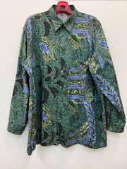 長袖シャツ 総柄 派手柄 草柄 昭和レトロ ダークカラー 古着 ライカ グリーン L ヴィンテージ