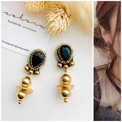 【再販】全2種 大ぶり ゴールド ビーズ刺繍 アンティークピアス/イヤリング(ブラック)