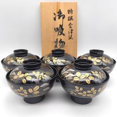 木製品 大正時代 輪島塗 沈金 松樹の図 吸い物椀 蓋付き向付 6客