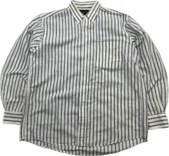 90s ☆ CHAPS RALPH LAUREN 清潔感◎ ブルー ストライプ ボタンダウン 麻 シャツ 長袖 ホワイト L 古着 チャップス ラルフローレン■FA302