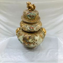 1004 昭和初期　薩摩焼　色絵本金彩花鳥　沈香壷　時代物 1004 昭和初期 薩摩焼 色絵本金彩花鳥 沈香壷 時代物