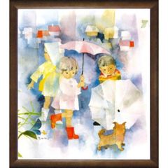 ★ いわさきちひろ『小犬と雨の日の子どもたち・色紙(ブラウン)』複製画・人物画　児童画　傘・複製画