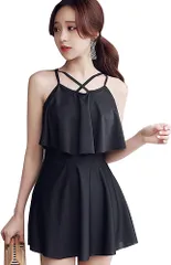 スロウアンドメロウ】水着 ワンピース タイプ ホルターネック フレア 体型カバー インナーパンツ 胸パッド 付き シンプル 無地 スカート オールインワン レディース 2カラー みずぎ SWIMSUIT セクシー かわいい カワイイ 可 [ブラック] [XL]