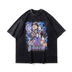 メンズ レディース半袖Tシャツ 映画 アートTシャツ ホラーキャラクター 色落ちブラック　Mサイズ